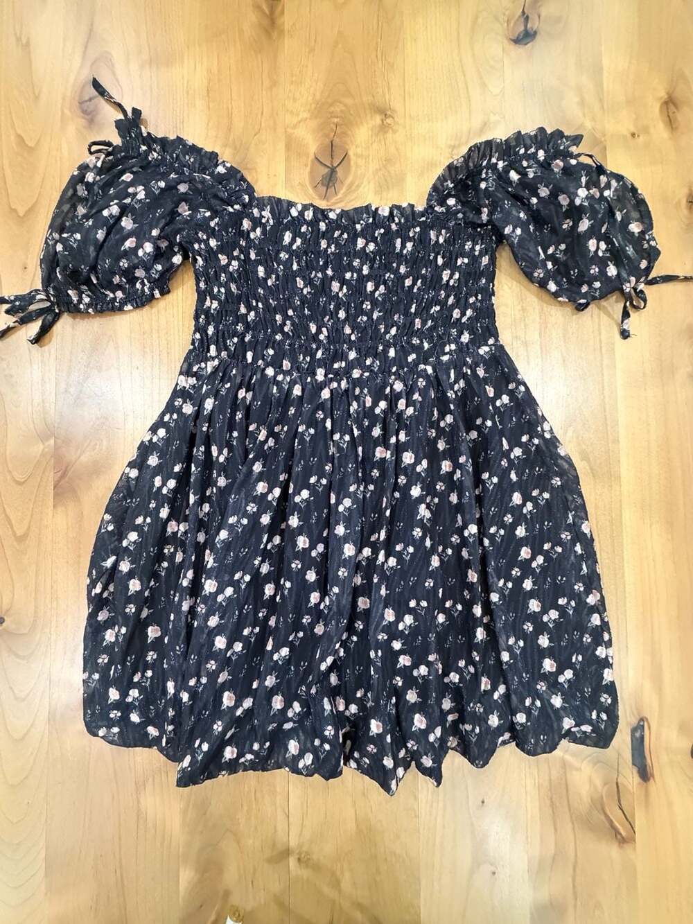 Maeve Floral Smocked Off Shoulder Mini Dress Black Large